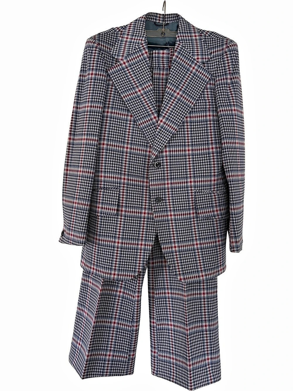 VTG 70s Smolkin’s Plaid Suit 40R W33 | Retro Houndstooth Flare Knit Polyester